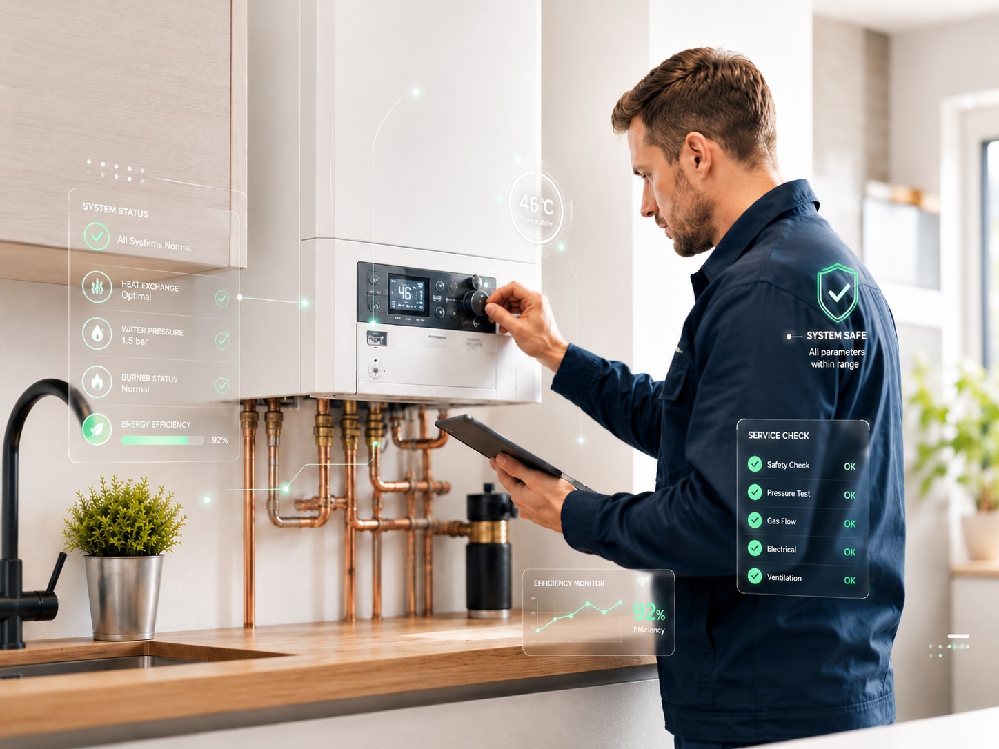 Engineer servicing a modern boiler in a bright premium kitchen with clean diagnostic infographic overlays.