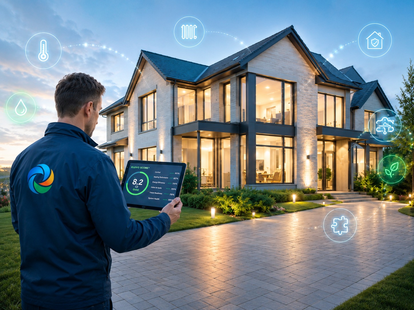 Modern premium home with smart energy monitoring and clean infographic overlays for home climate assessment.
