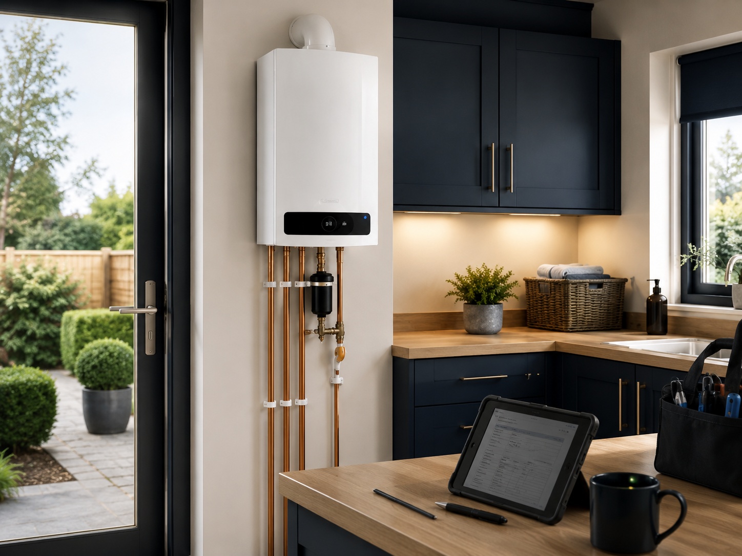 Premium ELUVO boiler installation hero image showing a modern utility space and home comfort setting