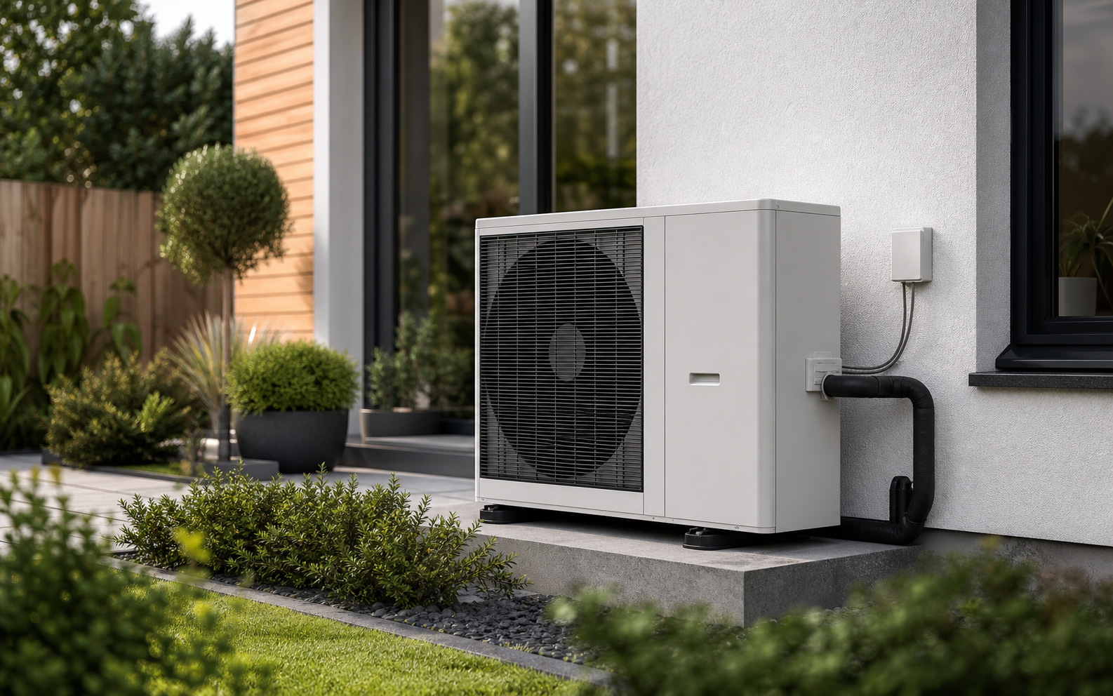 Air source heat pump installed beside a modern home